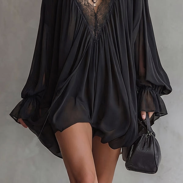 Beverly | Damen Boho Mini-Kleid aus schwarzem Chiffon