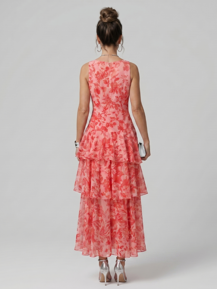 Gala | Tiefer V-Ausschnitt Ärmelloses Midi-Kleid mit malerischem Muster