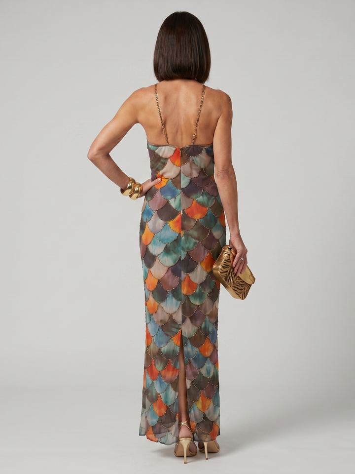 Larkin | Figurbetontes Maxikleid mit mehrfarbigem Schuppenmuster