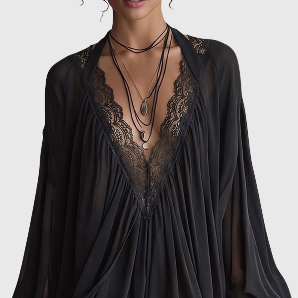 Beverly | Damen Boho Mini-Kleid aus schwarzem Chiffon