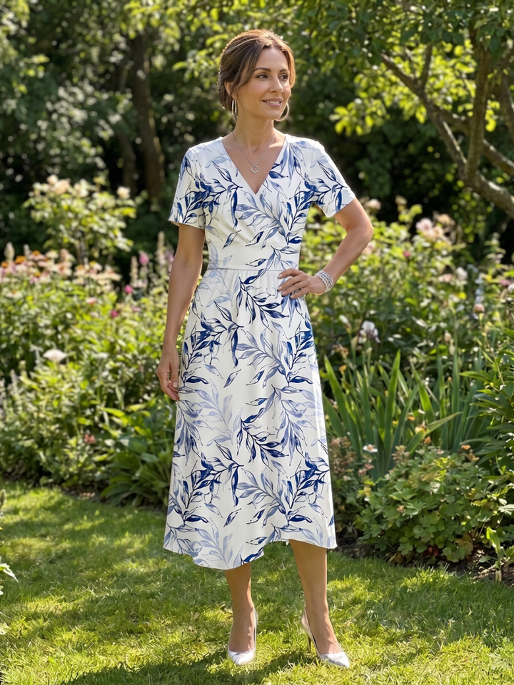Kael | V-Ausschnitt Midi-Kleid mit sanftem botanischem Druck