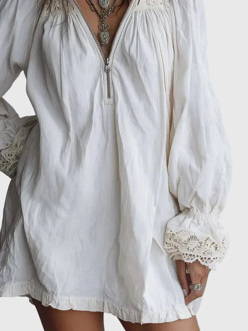 Carissa | Vintage-Stil Reissverschluss-Kragen Spitzenbesetztes Weisses Minikleid