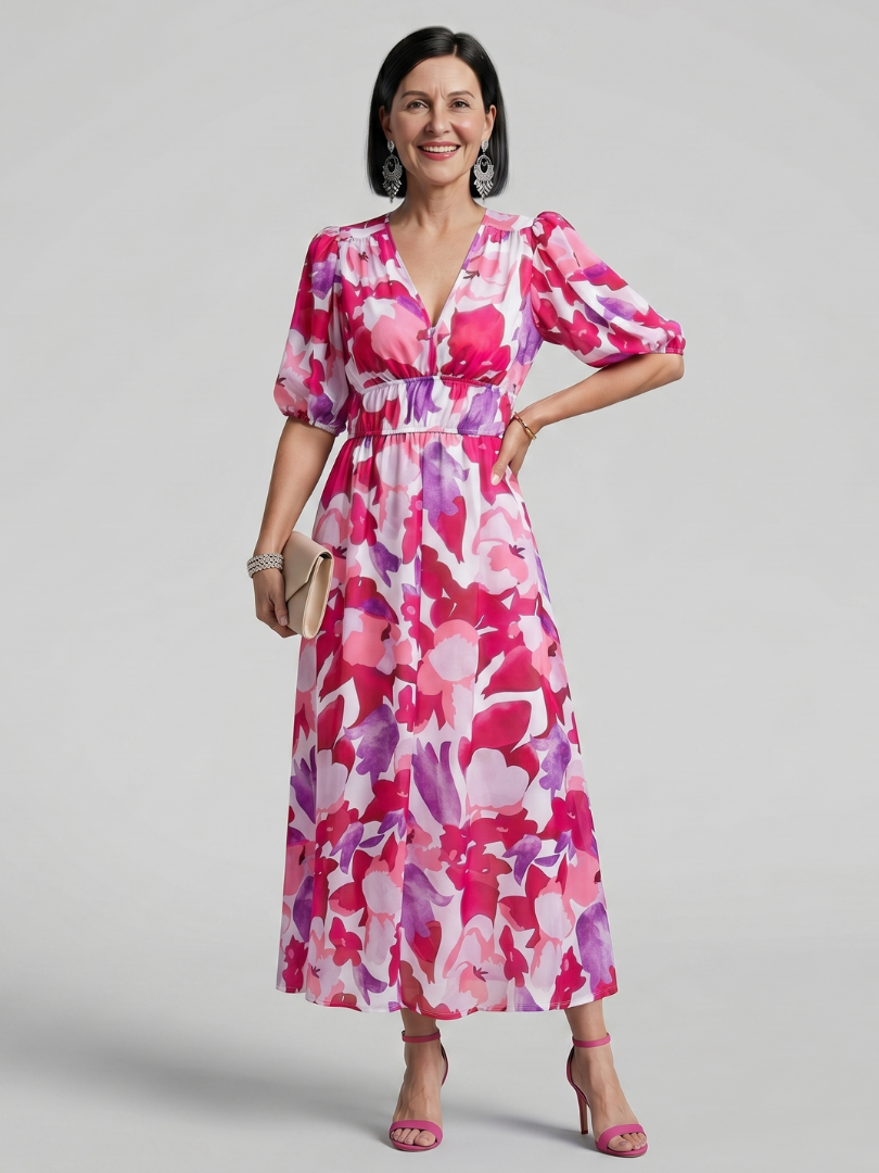 Candlia | Puffärmel V-Ausschnitt Midi Kleid mit abstraktem Druck