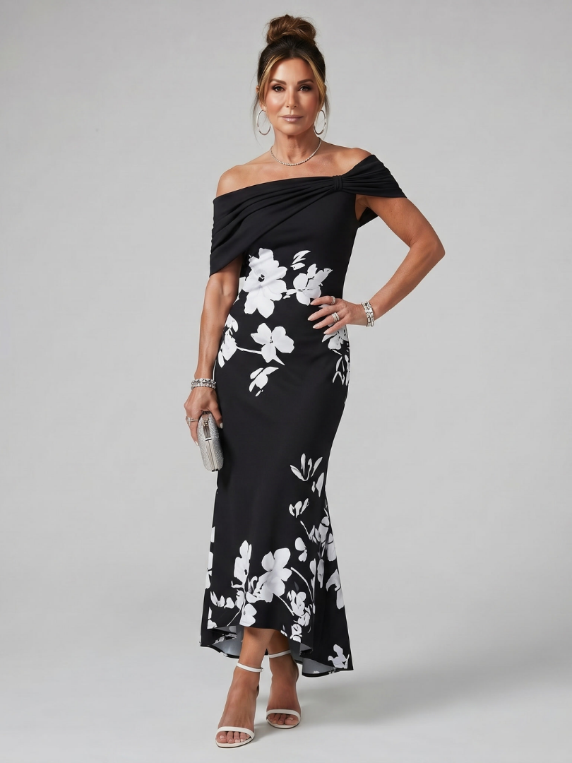 Cosma | Off-Shoulder Midi-Kleid mit Drapierung