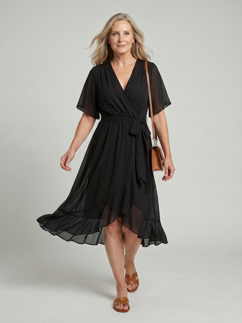 Keziah | Midi-Kleid mit kurzen Ärmeln und fliessendem Saum