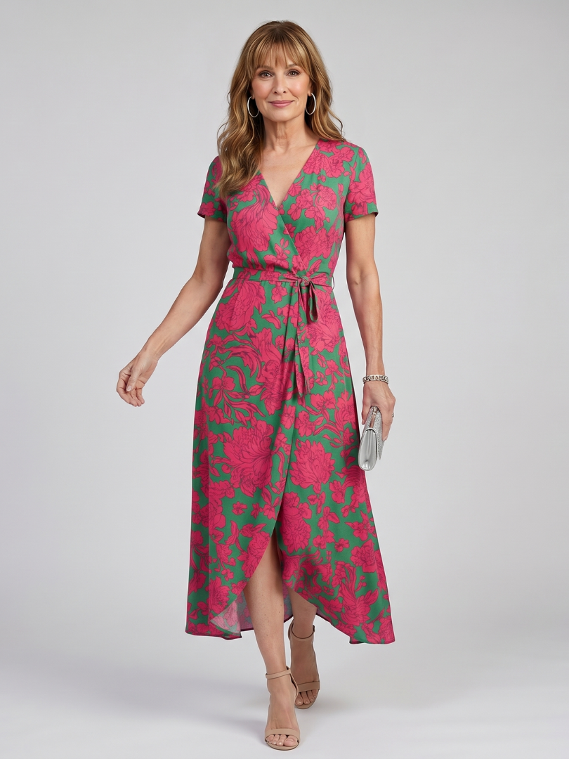 Priya | Kurzärmliges, florales Wickel-Midikleid