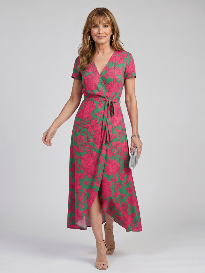 Priya | Kurzärmliges, florales Wickel-Midikleid
