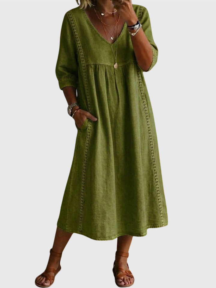 Sheena | Lässiges, lockeres Patchwork-Kleid mit Spitzenbesatz aus Leinen und Baumwolle