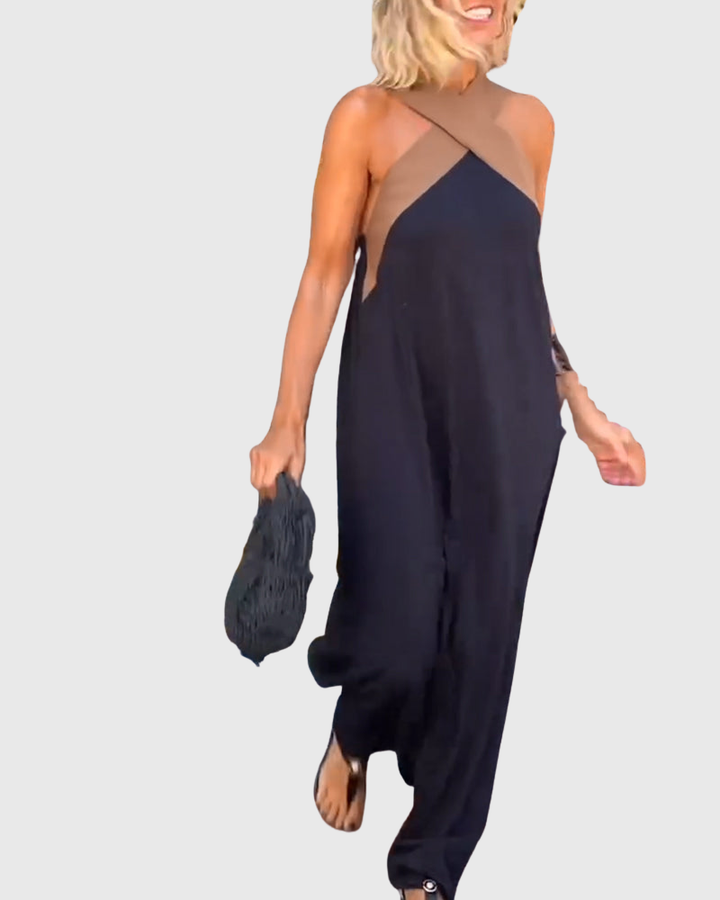 Cassy | Elegantes Crossover Halter Maxikleid Leichtes Schwarz