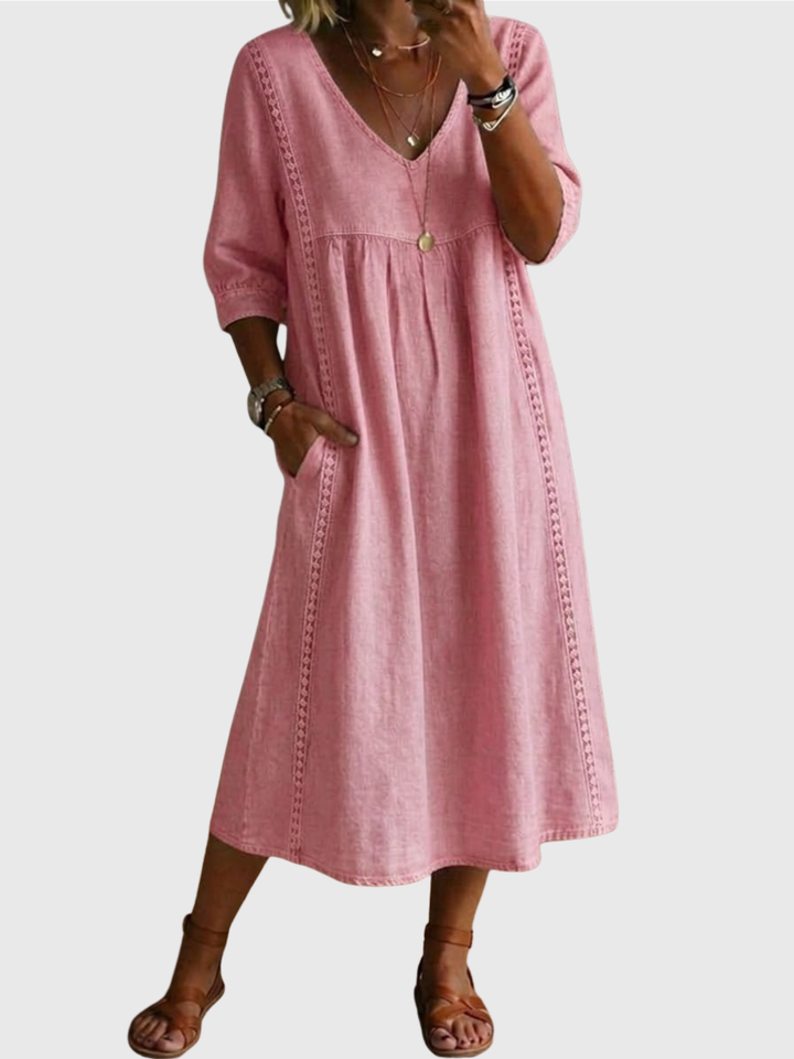 Sheena | Lässiges, lockeres Patchwork-Kleid mit Spitzenbesatz aus Leinen und Baumwolle