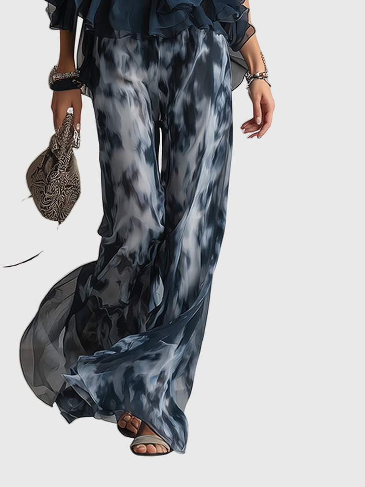 Novaria | Elegantes Chiffon-Set mit hochgeschlossenem Oberteil und weit geschnittenen bedruckten Hosen