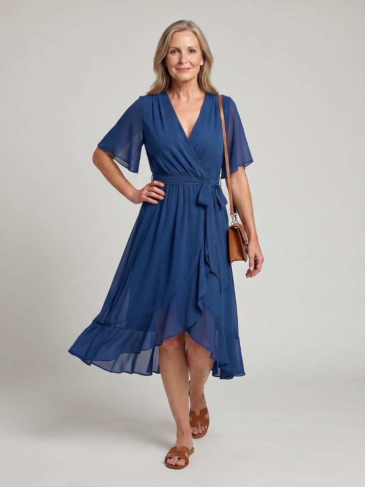 Keziah | Midi-Kleid mit kurzen Ärmeln und fliessendem Saum