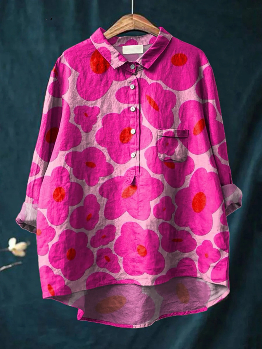 Amayah | Lebhaftes Pink Blumenmuster Bedrucktes Damen Freizeitshirt