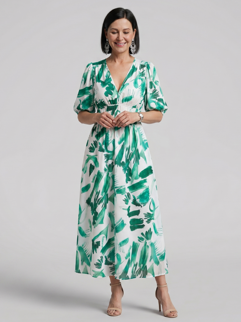 Candlia | Puffärmel V-Ausschnitt Midi Kleid mit abstraktem Druck