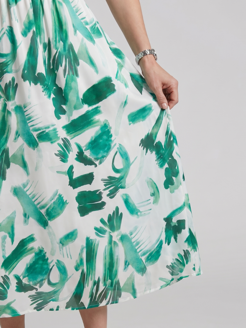 Candlia | Puffärmel V-Ausschnitt Midi Kleid mit abstraktem Druck