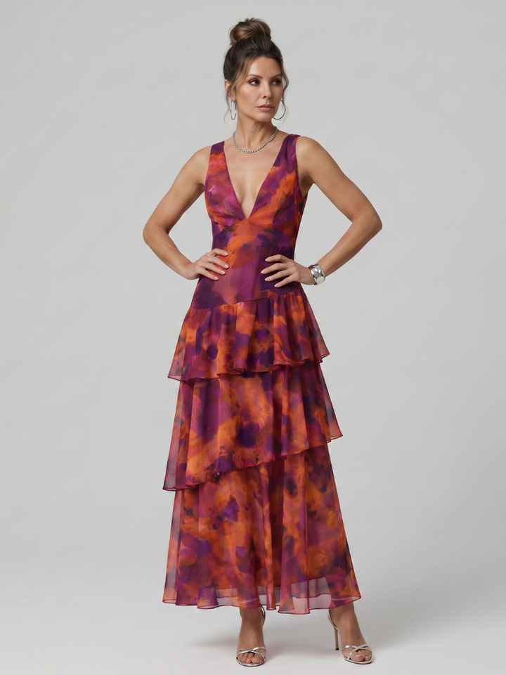 Gala | Tiefer V-Ausschnitt Ärmelloses Midi-Kleid mit malerischem Muster