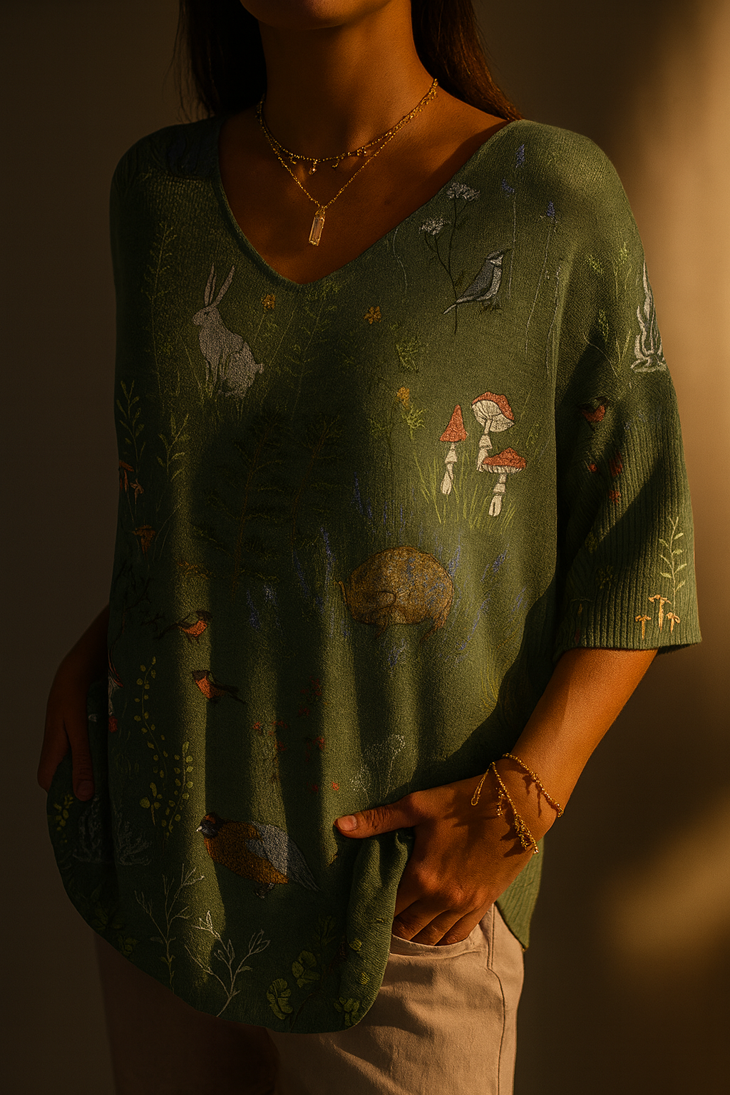 Margaret | Bedruckter Pullover mit Wald- und Tiermotiv für Damen