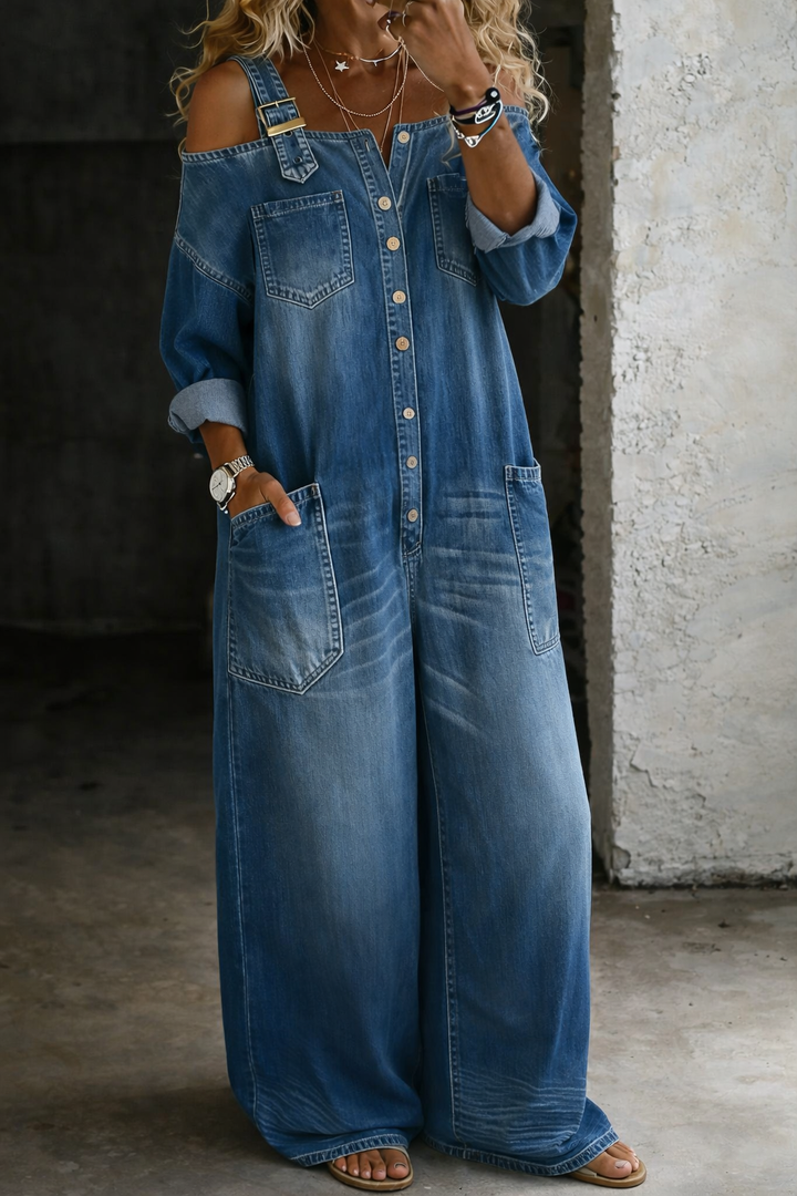 Sophia | Schulterfreier Denim-Jumpsuit