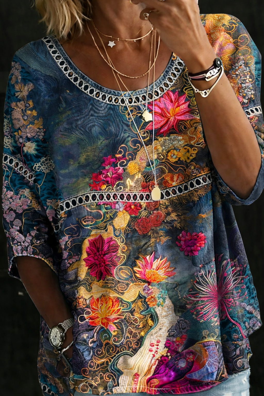 Nicole | Vintage Floral Denim Bluse