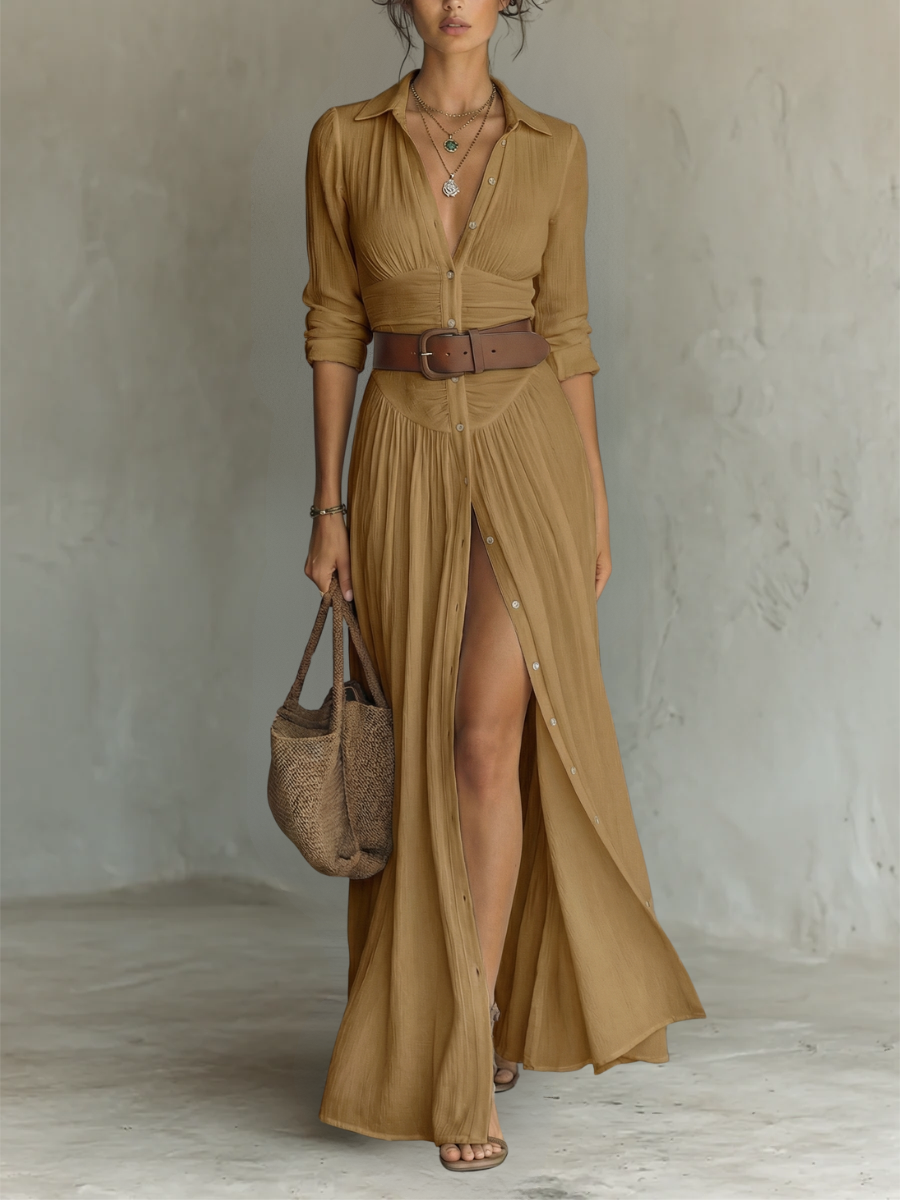 Wendy | Langes Maxi-Leinenkleid mit eingekerbtem Kragen und langen Ärmeln für Frauen