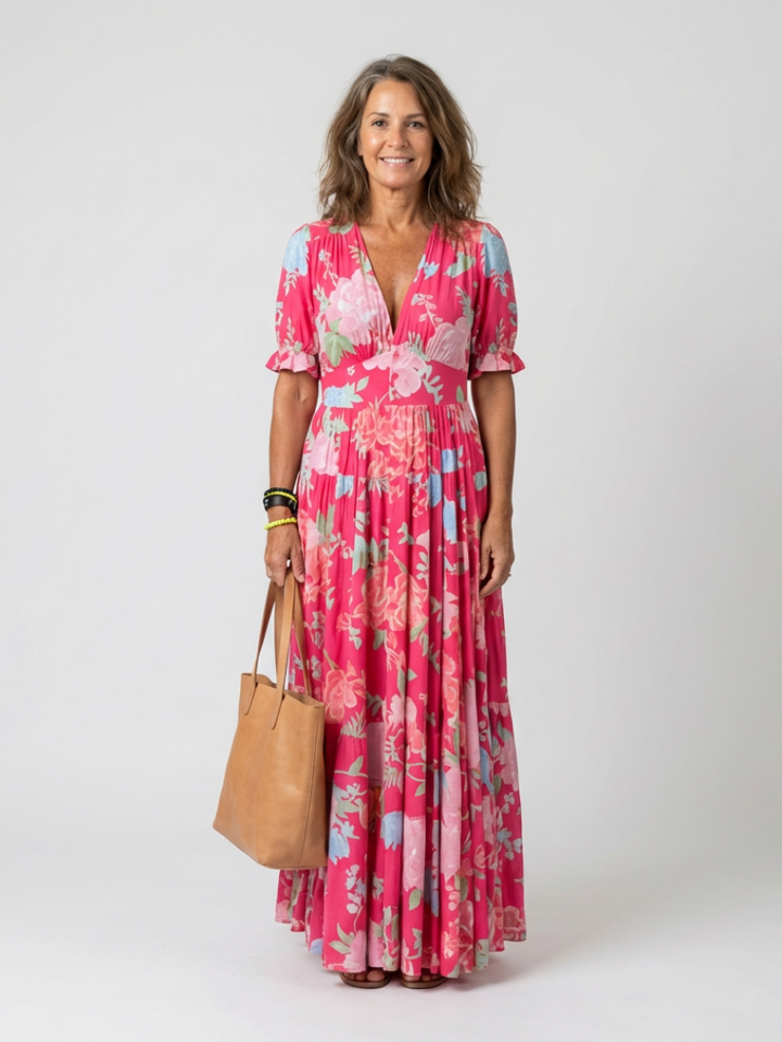 Ione | Kurzarm V-Ausschnitt Blumenkleid Midi