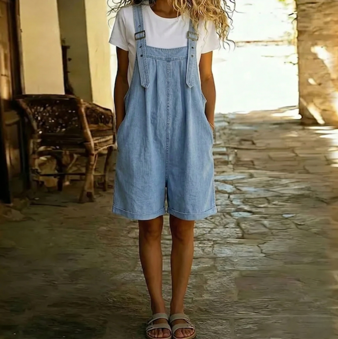 Saylor | Vintage gewaschenes, weiches Baumwoll-Denim-Latzkleid Hellblau