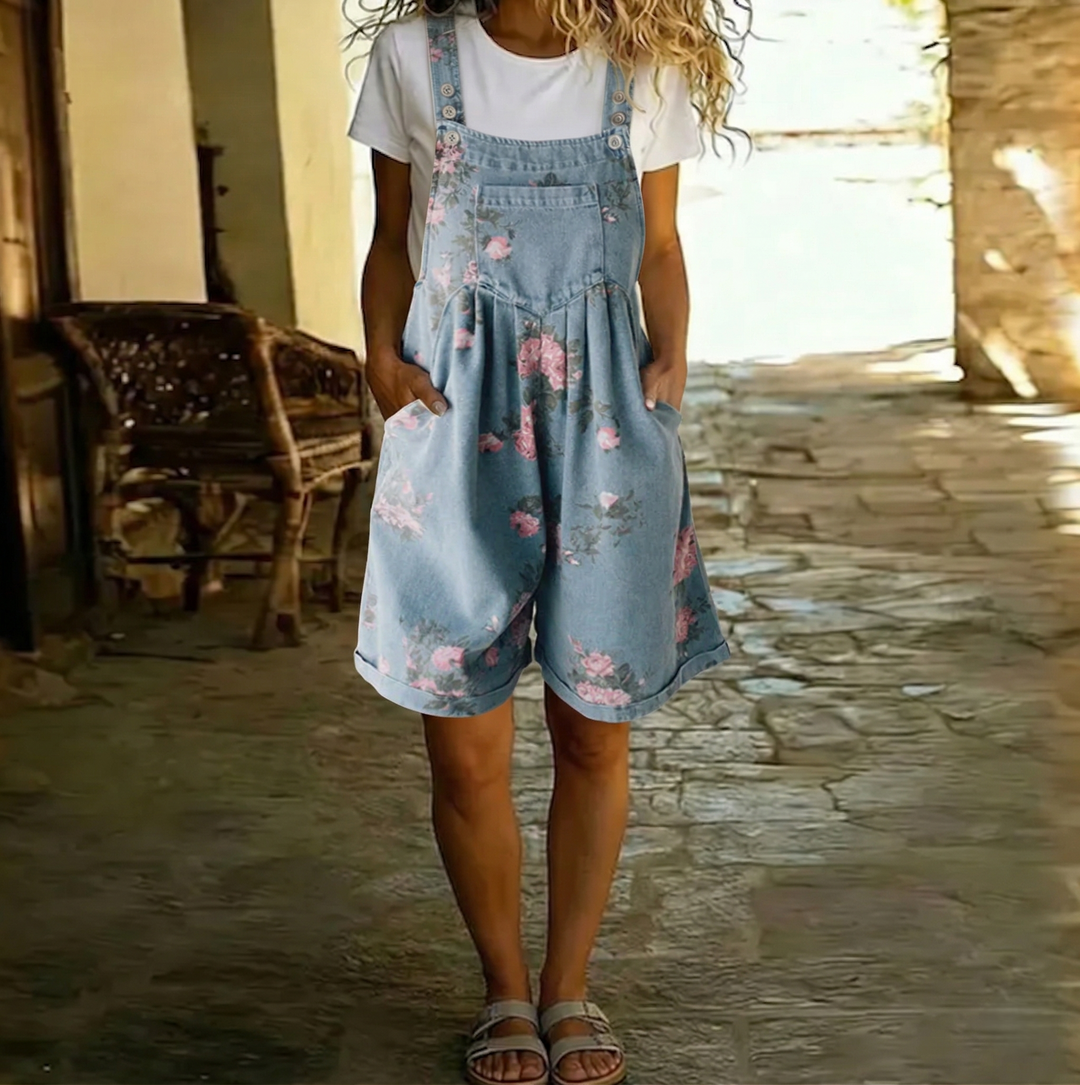 Lorenn | Vintage gewaschenes, weiches Baumwoll-Denim-Blumen-Jumpsuit