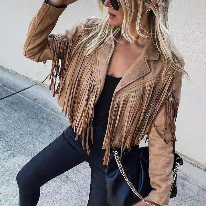 Helena | Wildleder-Fransen Cropped Jacke