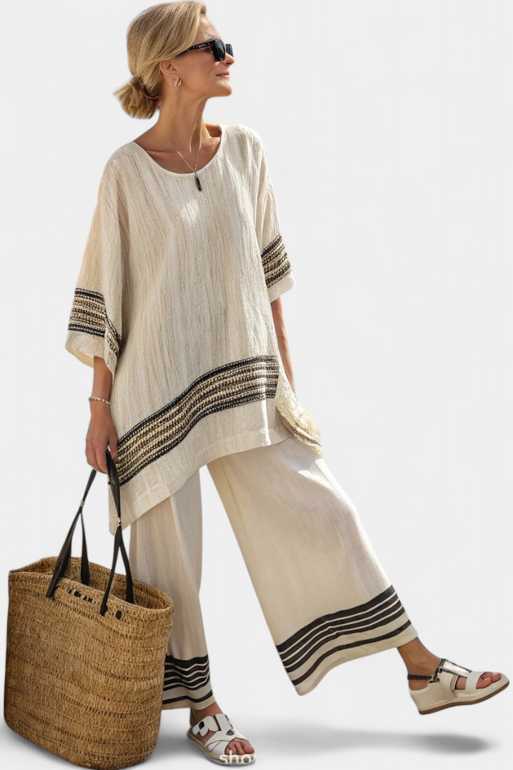 Danielle | Elegantes Schwarz-gestreiftes Leinenoberteil & Fliessende Hose
