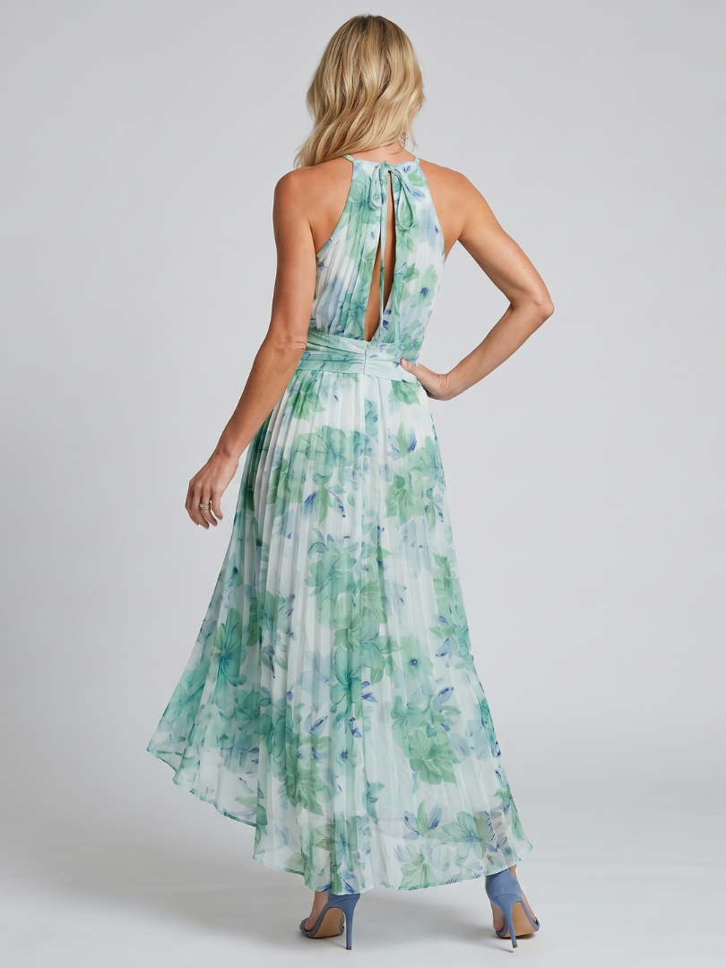 Portia | Faltendes Halter-Soft-Blumenmuster-Midi-Kleid