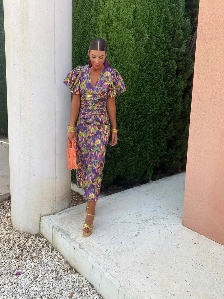 Loren | Lebhaftes Midi-Kleid mit Puffärmeln