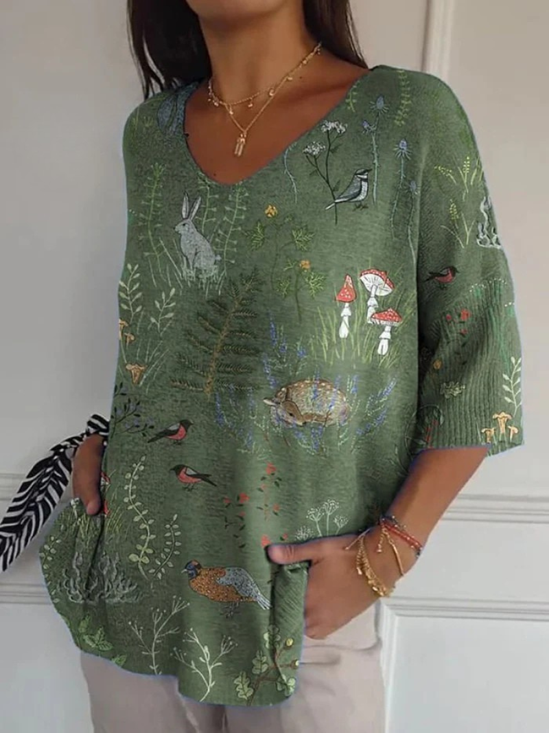 Margaret | Bedruckter Pullover mit Wald- und Tiermotiv für Damen