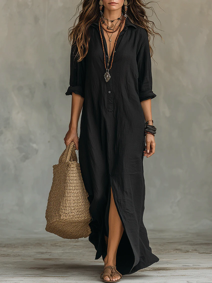 Delores | Lässiges V-Ausschnitt Knopf-Maxikleid