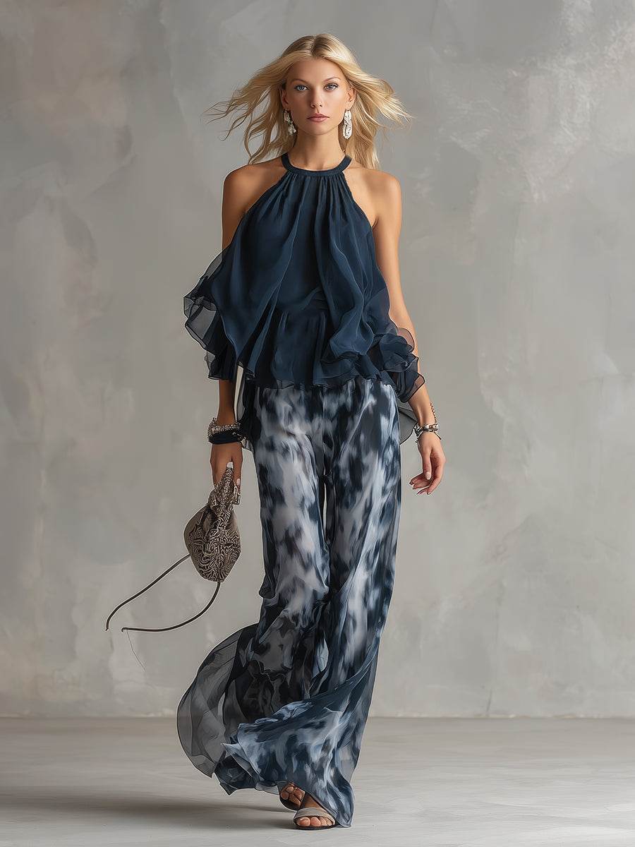Novaria | Elegantes Chiffon-Set mit hochgeschlossenem Oberteil und weit geschnittenen bedruckten Hosen