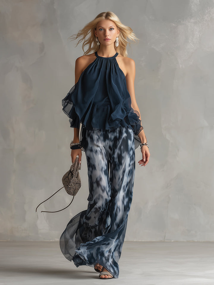 Novaria | Elegantes Chiffon-Set mit hochgeschlossenem Oberteil und weit geschnittenen bedruckten Hosen
