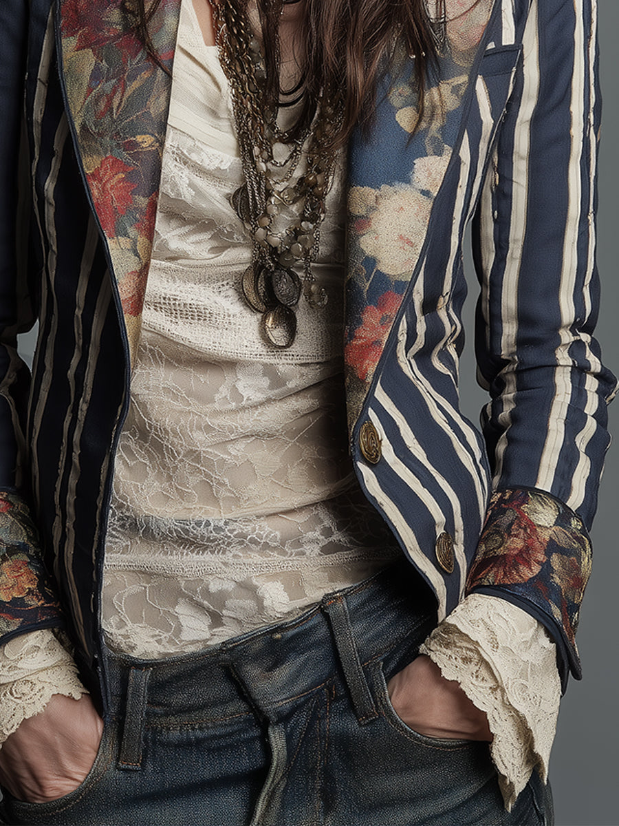 Cindy | Boho Blazer mit floralen Details und Streifen