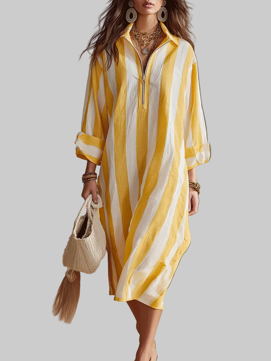 Elowen | Resort Gelb & Weiss Gestreiftes Midi-Kleid