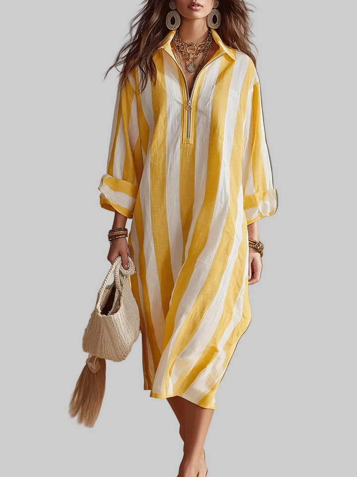 Elowen | Resort Gelb & Weiss Gestreiftes Midi-Kleid