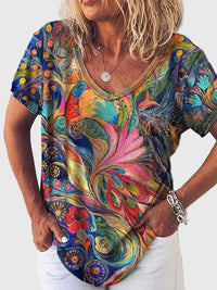 Bethel | Damen T-Shirt mit buntem abstraktem Kunstdruck, V-Ausschnitt und kurzen Ärmeln