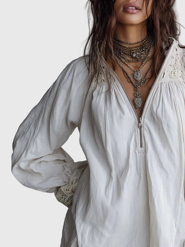 Carissa | Vintage-Stil Reissverschluss-Kragen Spitzenbesetztes Weisses Minikleid