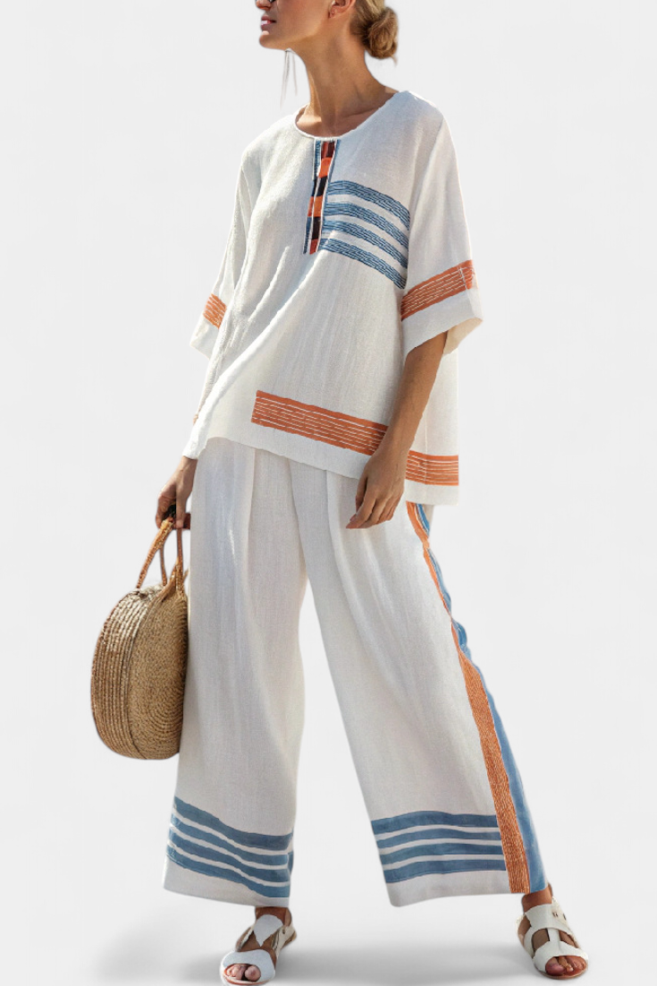 Emilia | Elegantes Blau-Orange Gestreiftes Oberteil & Hosen