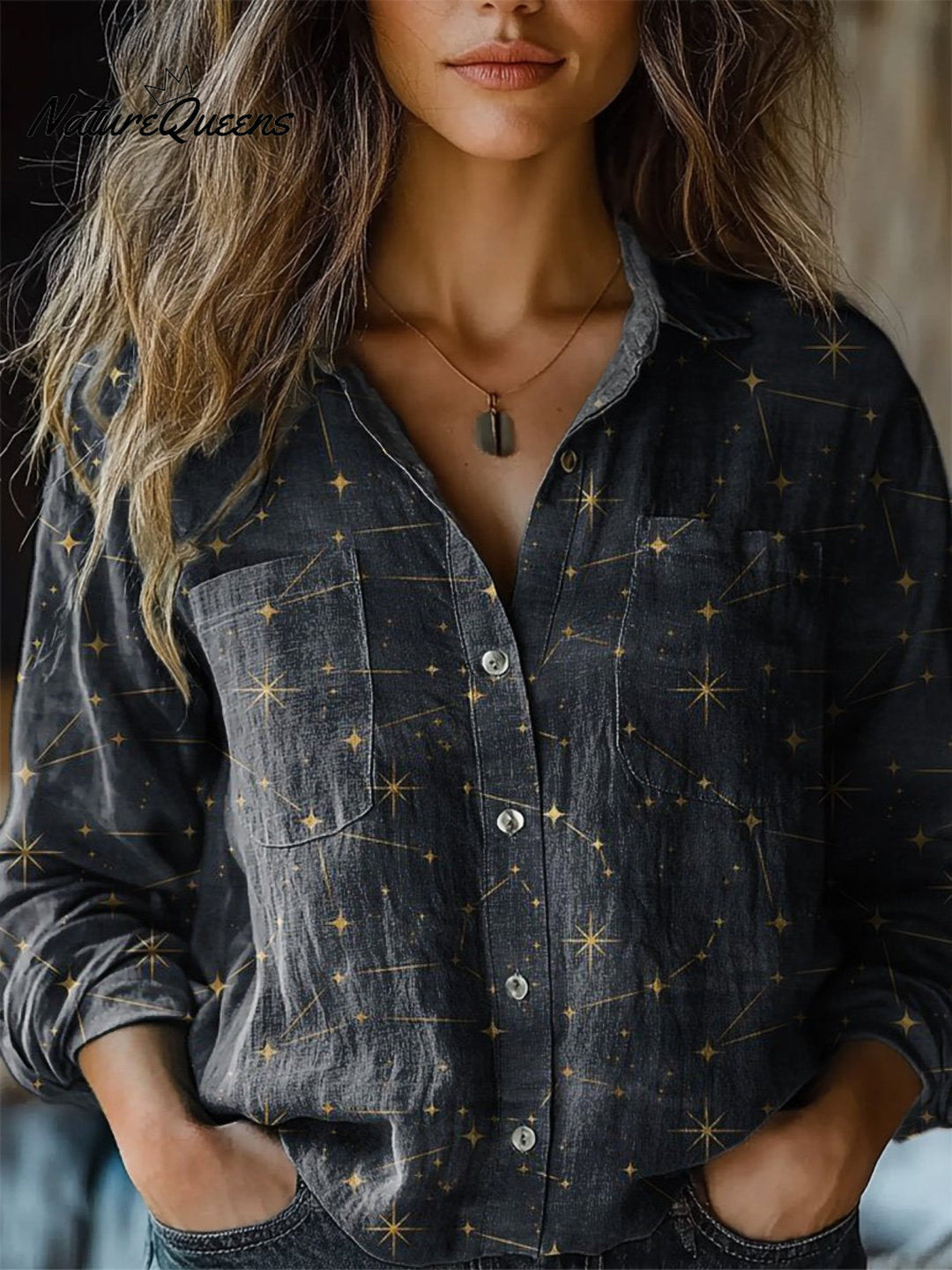 Chloe | Nachthimmel und Sternmuster bedrucktes Damen-Casual Langarm T-Shirt aus bequemer Baumwolle