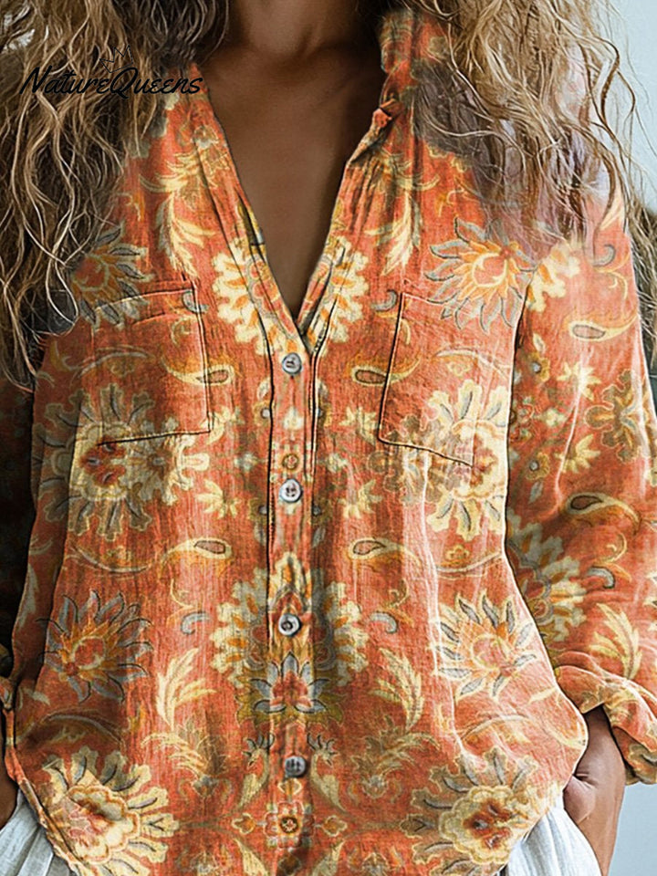 Melanie | Damen Vintage Liebe Blumen Kunstdruck Lässiges Langarm Baumwollshirt