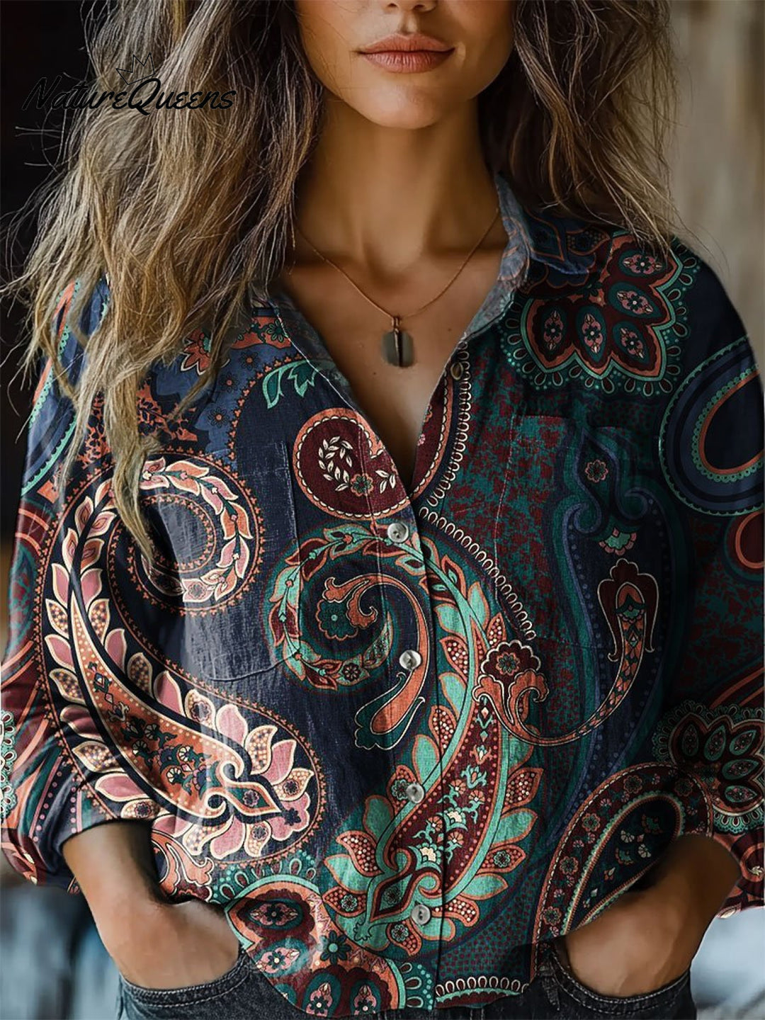 Janice | Damen Paisley Bunt Kunstdruck Lässiges Langarm Baumwollshirt