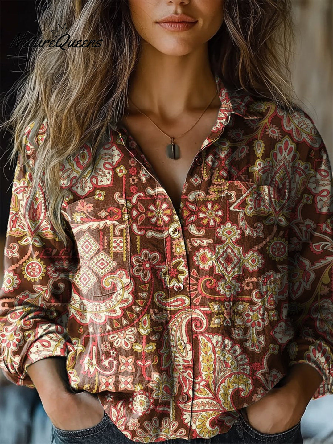 Victoria | Damen Vintage Ethno Blumenmuster Lässiges Langarm Baumwollshirt
