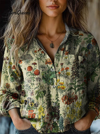 Rebecca | Damen Vintage Hübsches Floral Kunst Druck Lässiges Langarm Bequemes Baumwollshirt