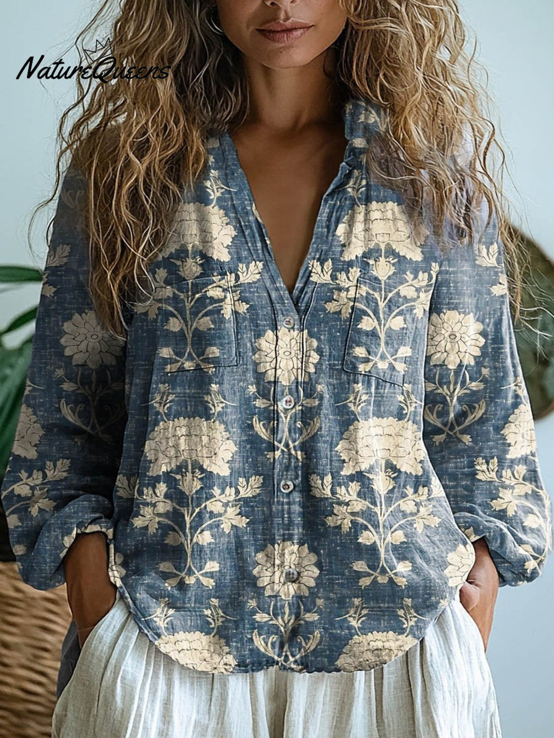 Brenda | Damen Vintage Hübsches Floral Kunst Druck Lässiges Langarm Bequemes Baumwollshirt