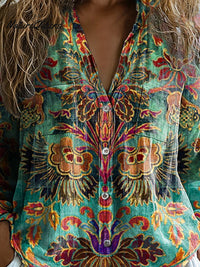 Laura | Damen Vintage Hübsches Floral Kunstdruck Lässiges Langarm Bequemes Baumwollshirt