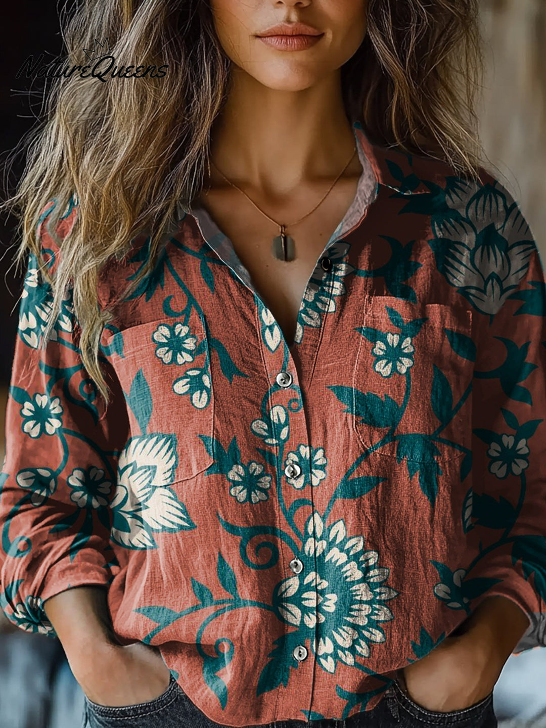 Judith | Damen Retro Rot Blumen Druck Lässiges Langarm Bequemes Baumwollhemd