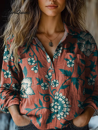 Judith | Damen Retro Rot Blumen Druck Lässiges Langarm Bequemes Baumwollhemd